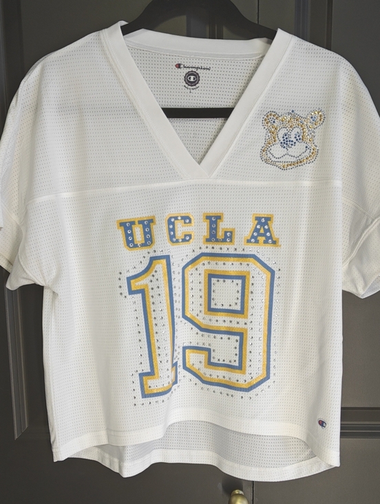 Champion Tops - Champion White UCLA Rhinestone Jersey Top with Blue and Gold Accents